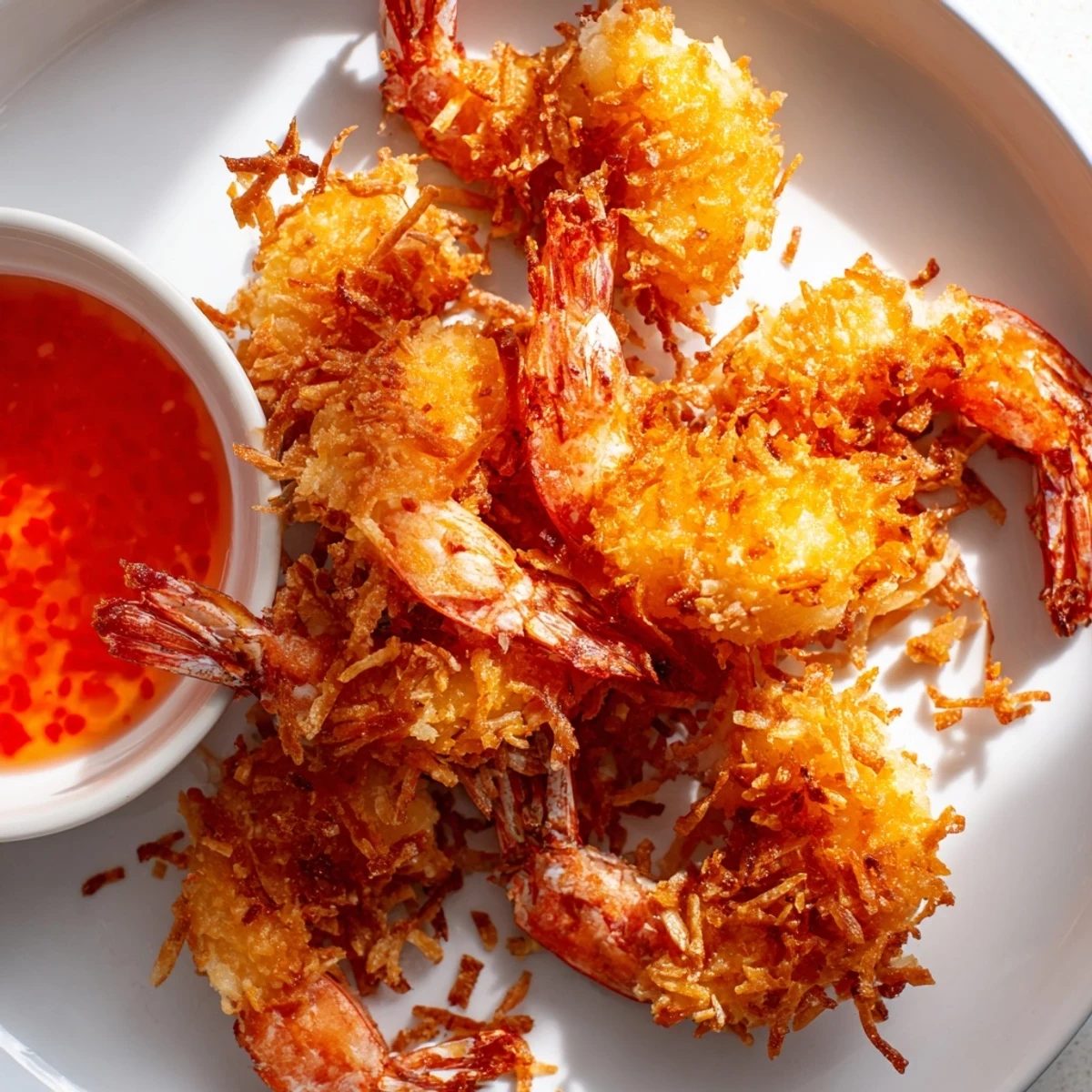 Golden-brown crispy coconut shrimp with sweet chili sauce, ready to be dipped and enjoyed.