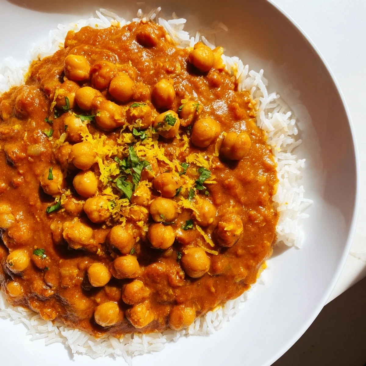 Vibrant Vegan Chickpea Tikka Masala, creamy spiced tomato sauce over fluffy basmati rice.