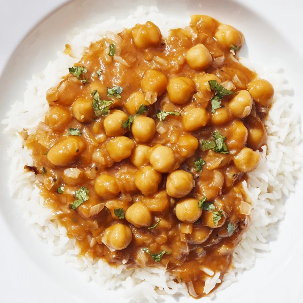 A close-up view of steaming Vegan Chickpea Tikka Masala, ready to serve with fresh cilantro.