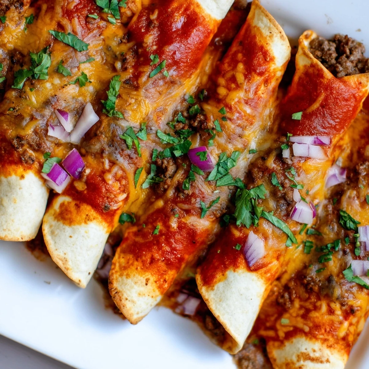 Close-up of baked beef enchiladas with bubbling cheese, showcasing the savory flavors of Mexican cuisine.