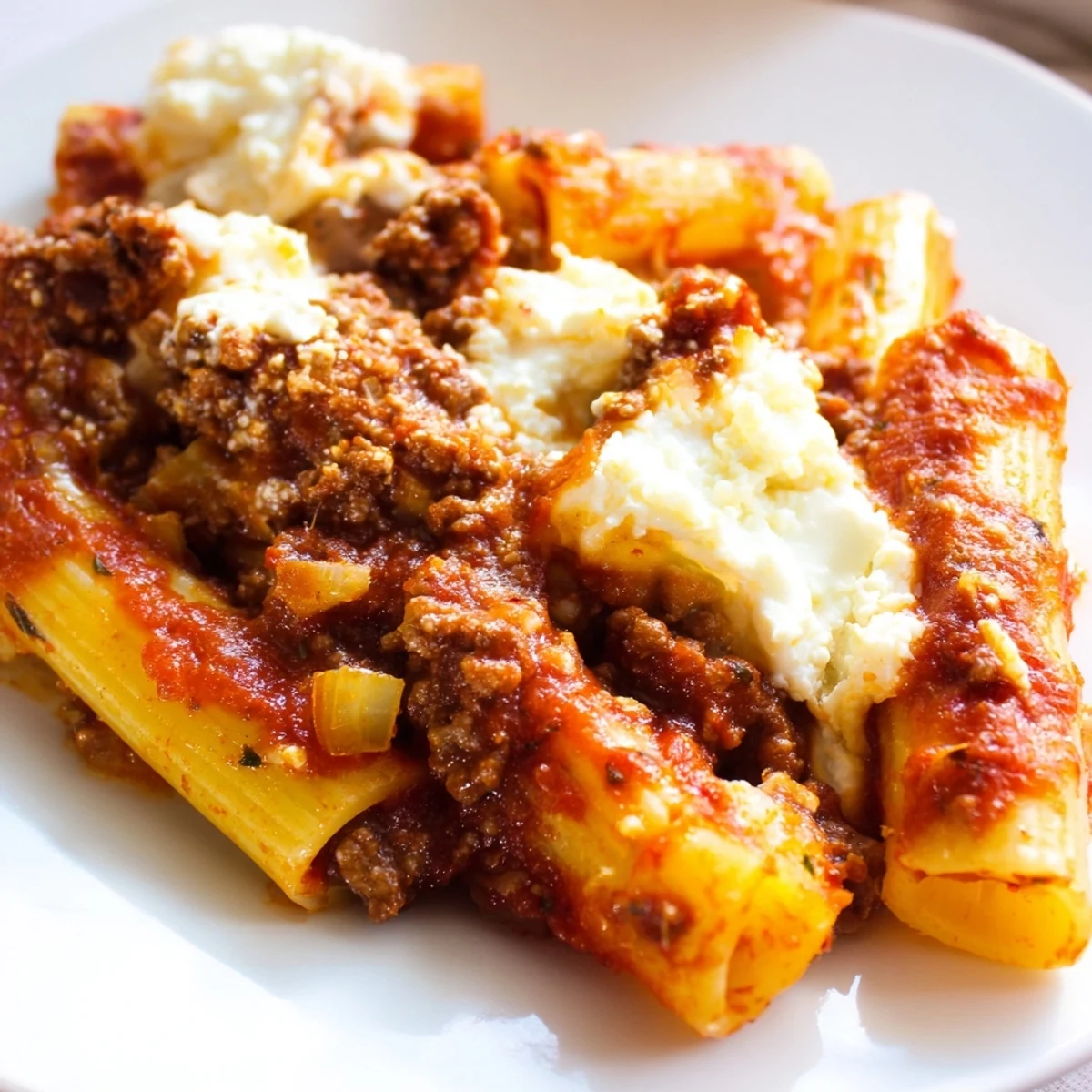 Golden, bubbly Baked Ziti with ground beef, mozzarella, and a robust marinara, ready to serve.