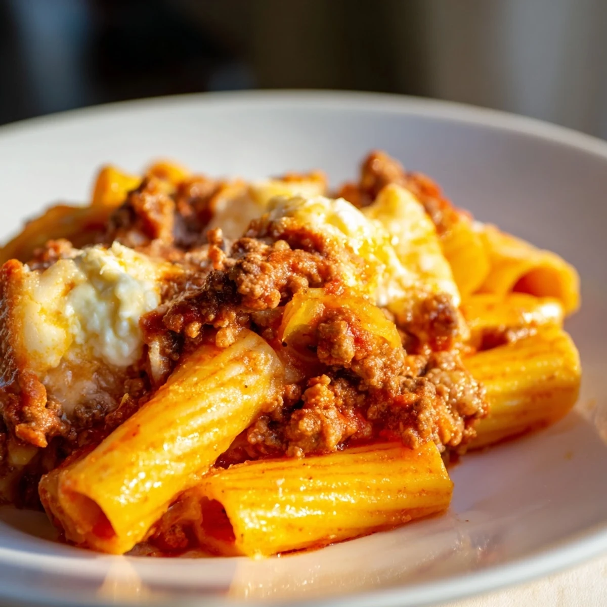 A hearty plate of Baked Ziti features layers of pasta, beef, and cheese, bubbling from the oven.