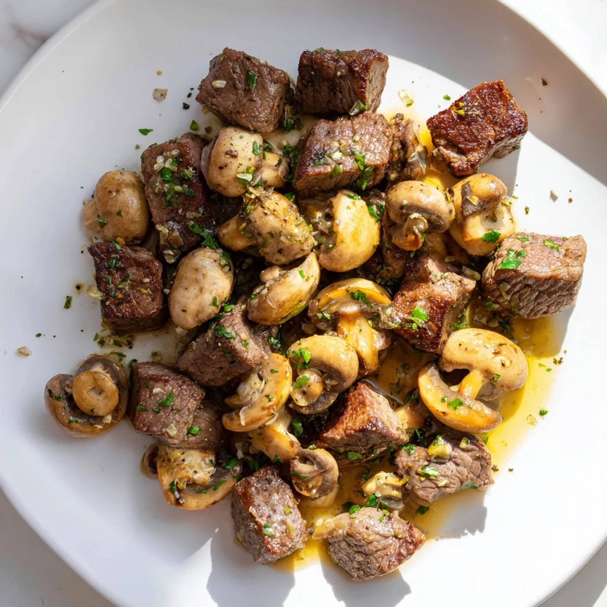 Golden-brown garlic butter steak bites with mushrooms, sizzling in a pan, ready to serve.
