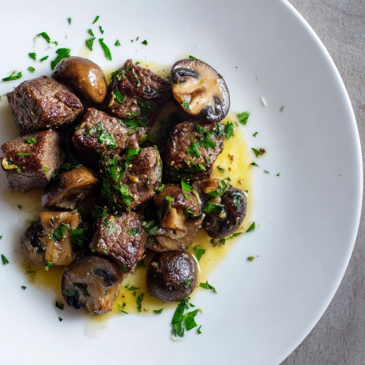 Tender, juicy Garlic Butter Steak Bites with Mushrooms glistening in a rich, buttery sauce, ready to eat.