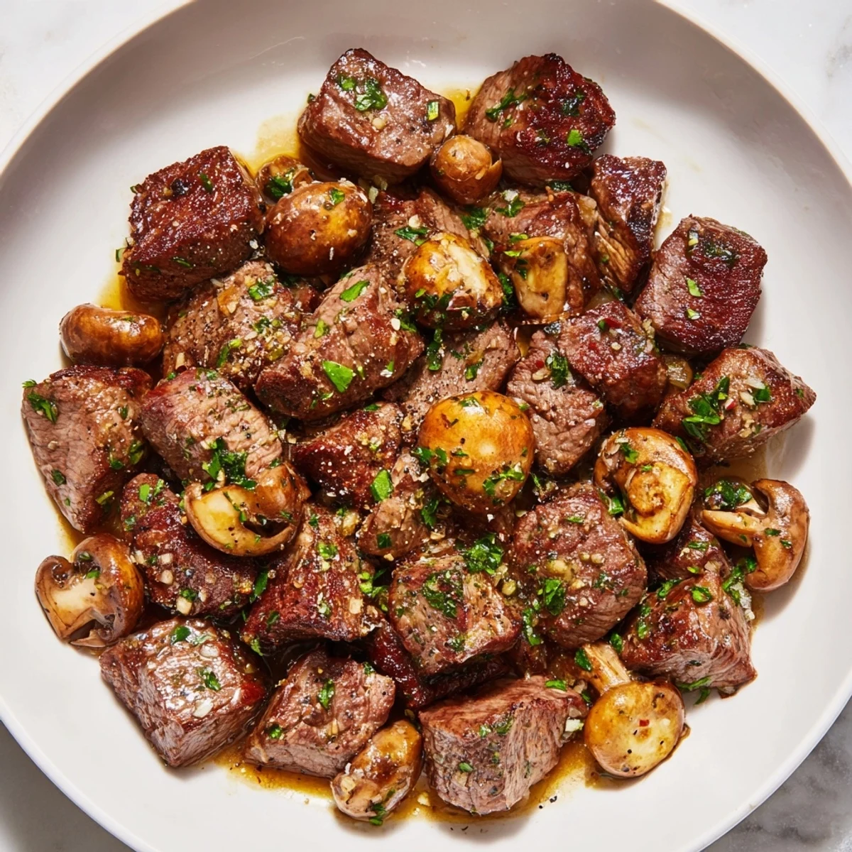 Close-up of Garlic Butter Steak Bites with Mushrooms, perfectly seared and seasoned, with fresh parsley garnish.