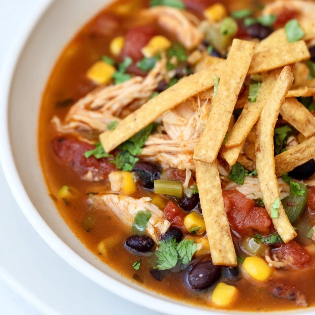 Bowl of savory Chicken Tortilla Soup with crispy strips, garnished with fresh cilantro and lime.