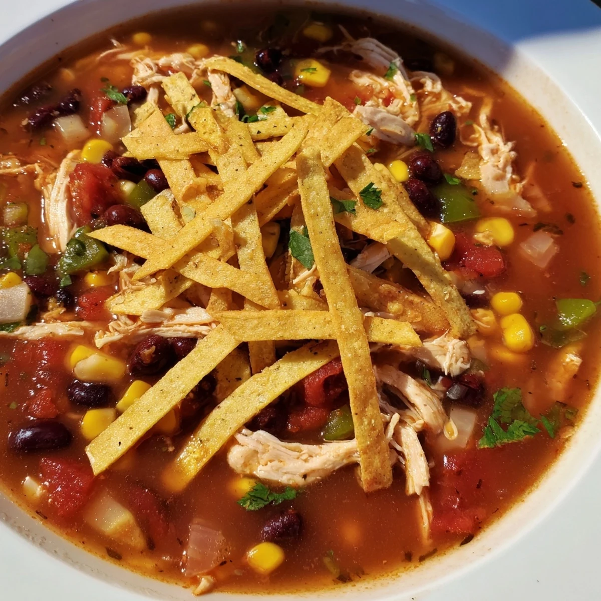 A steaming bowl of comforting Chicken Tortilla Soup topped with golden, crunchy tortilla strips.