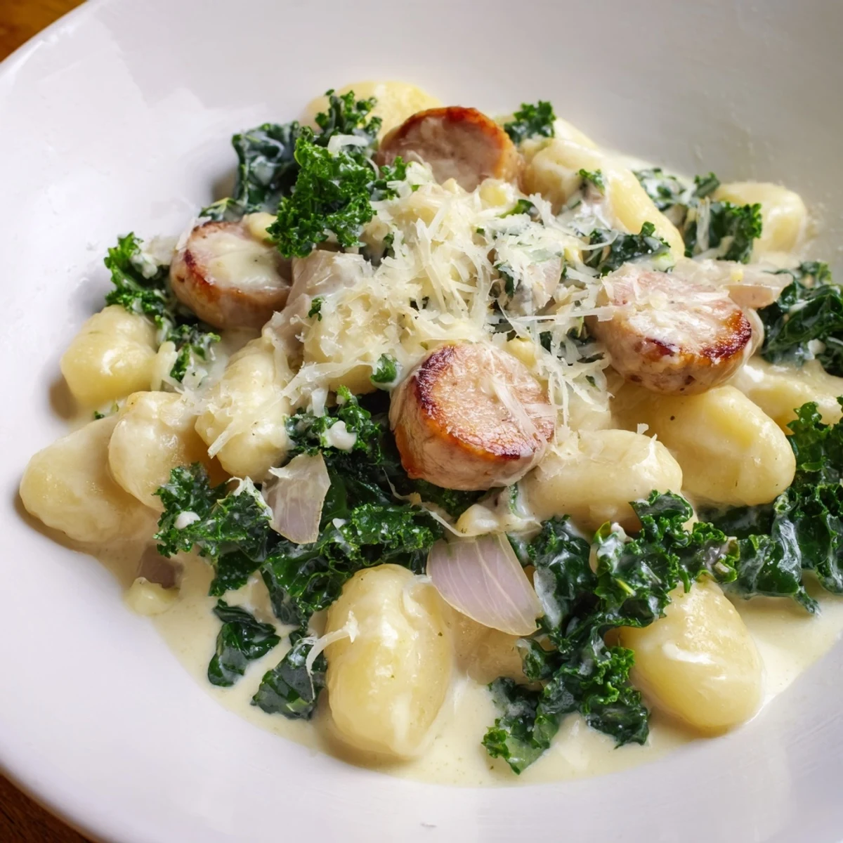 Steaming bowl of creamy gnocchi with sausage and kale, a hearty Italian dinner, ready to enjoy.