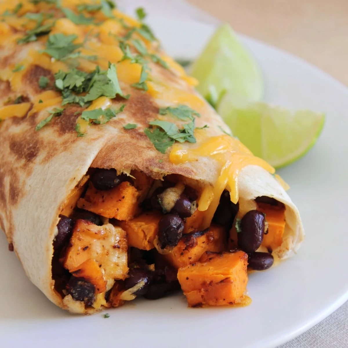 Steaming plate of flavorful Roasted Sweet Potato and Black Bean Burritos, cheese melted inside the tortillas.