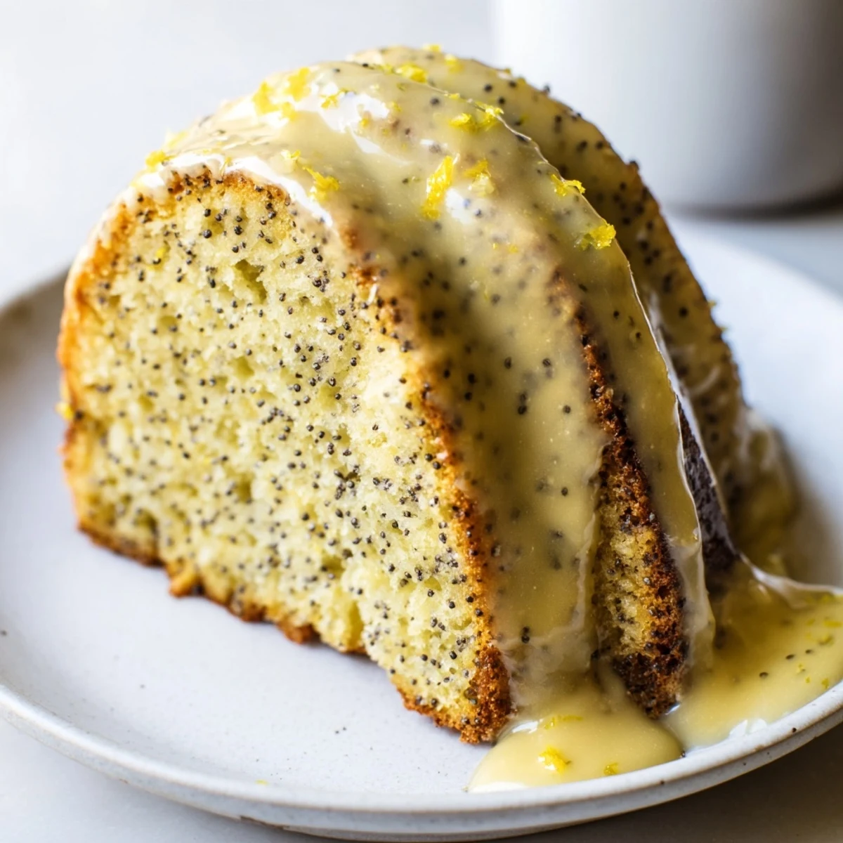 Moist Lemon Poppy Seed Bundt Cake with drizzles of sweet lemon glaze, ready to serve.