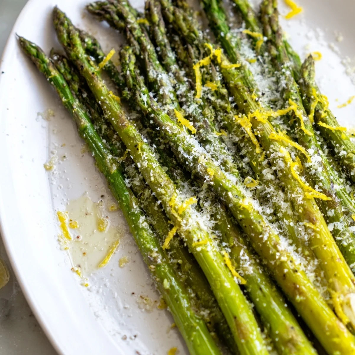 Roasted Asparagus with Parmesan and Lemon Zest glistening on a baking sheet, ready to serve warm.