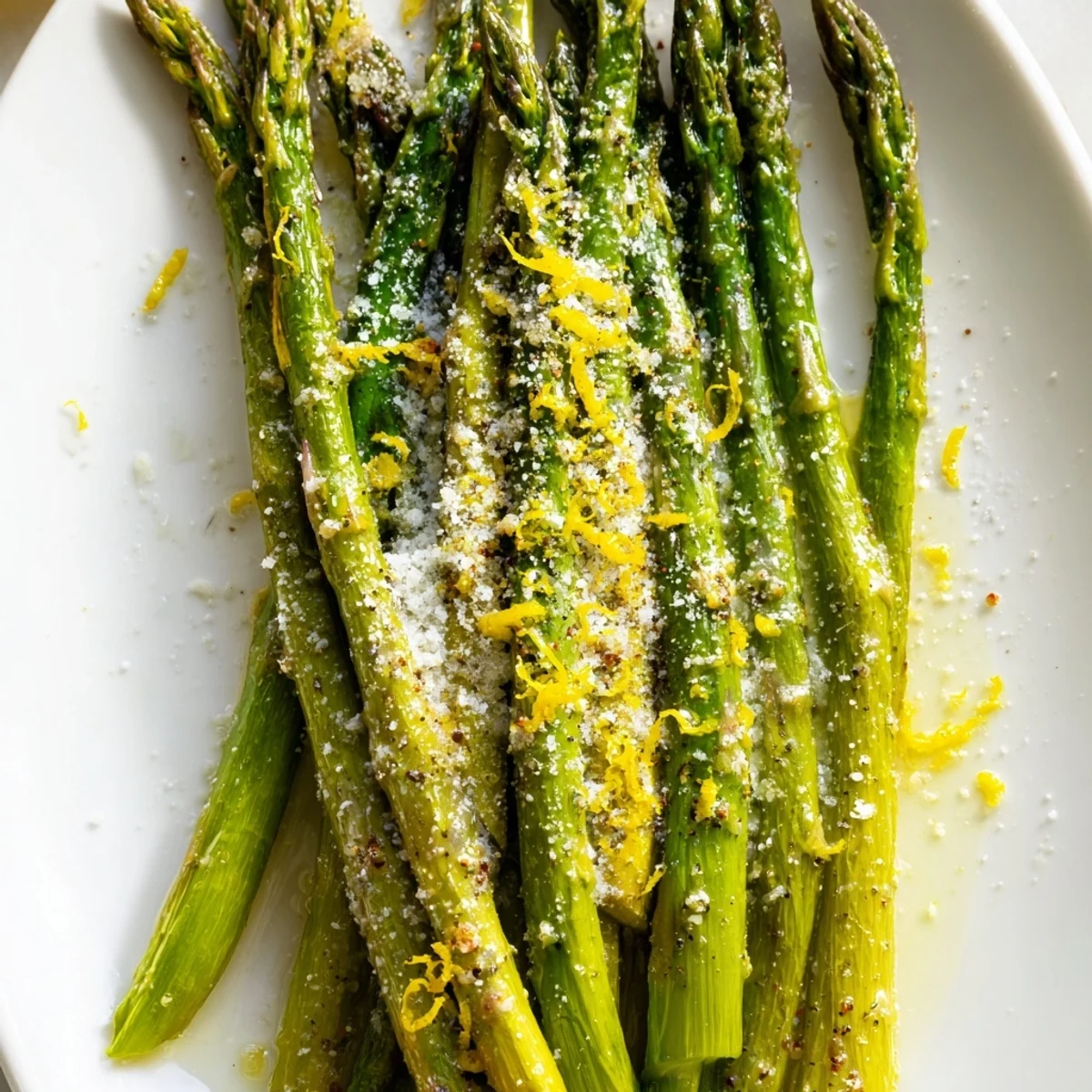 Tender spears of Roasted Asparagus with Parmesan and Lemon Zest paired alongside roasted chicken on a rustic plate.