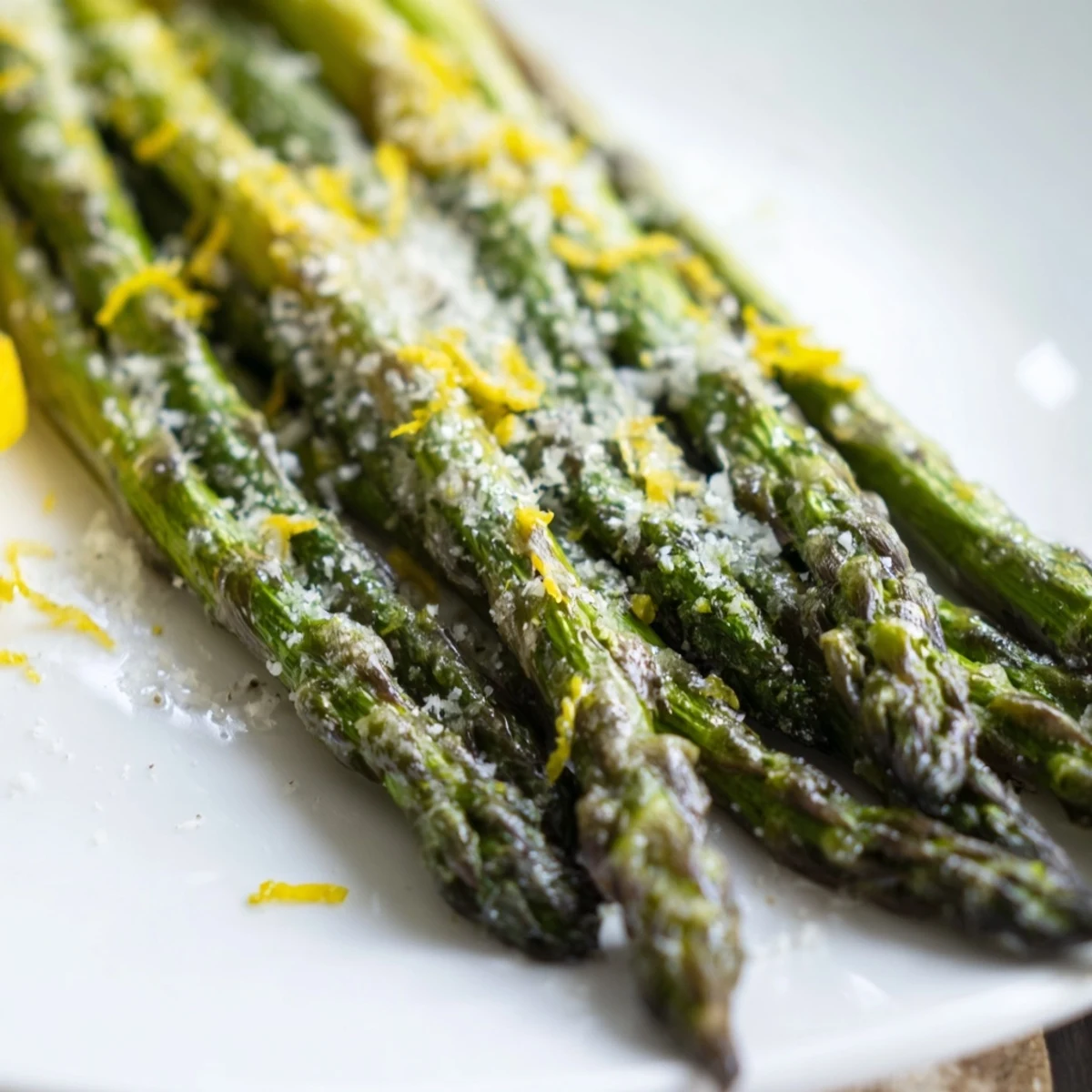 Freshly baked Roasted Asparagus with Parmesan and Lemon Zest topped with lemon zest and grated cheese.