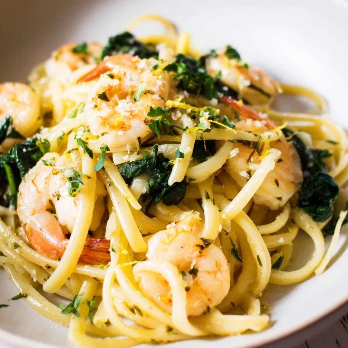 Bright and zesty Lemon Garlic Shrimp Pasta with Fresh Spinach, tossed in a glossy sauce with succulent shrimp and wilted greens.