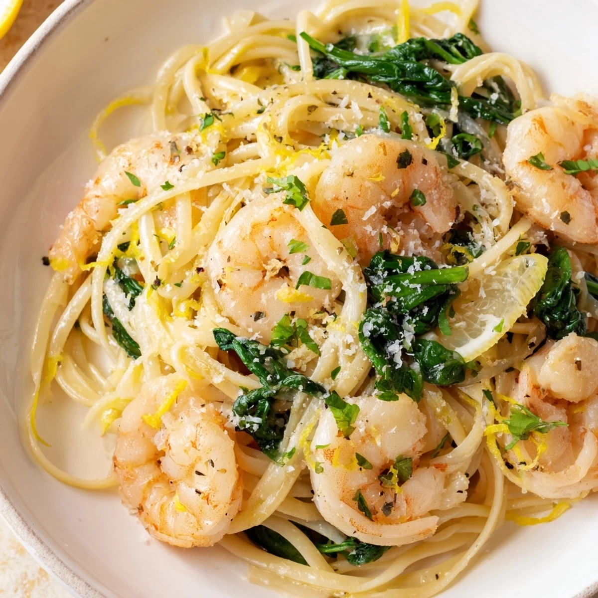 A generous bowl of Lemon Garlic Shrimp Pasta with Fresh Spinach, garnished with parsley and lemon wedges on a rustic table.