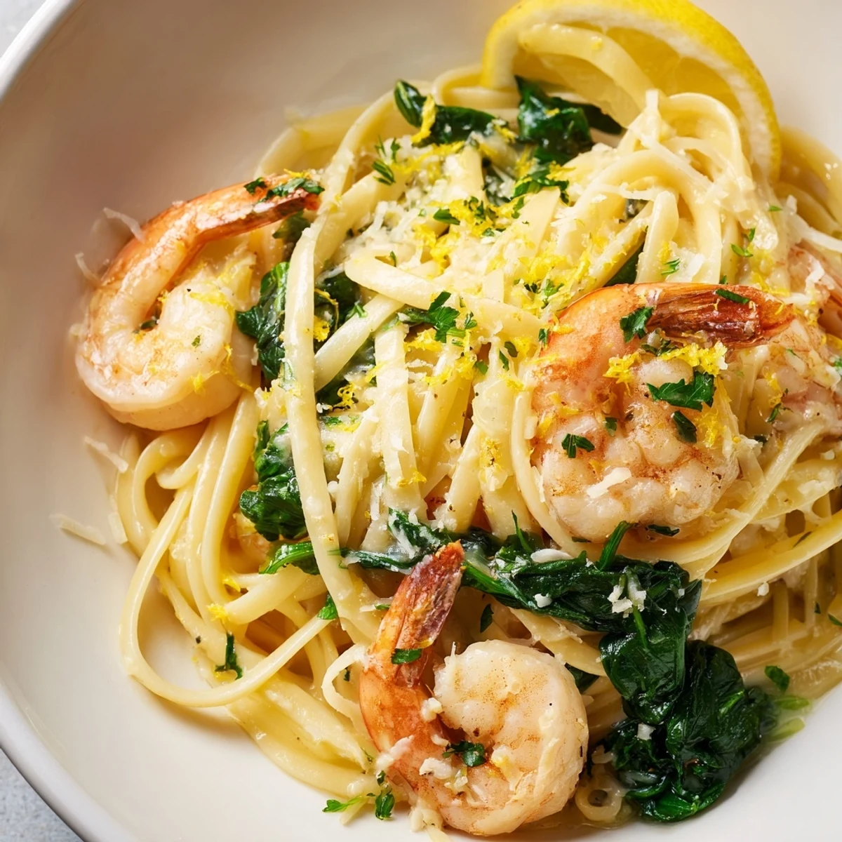 Close-up of Lemon Garlic Shrimp Pasta with Fresh Spinach, featuring plump shrimp and glistening noodles ready for a weeknight dinner.