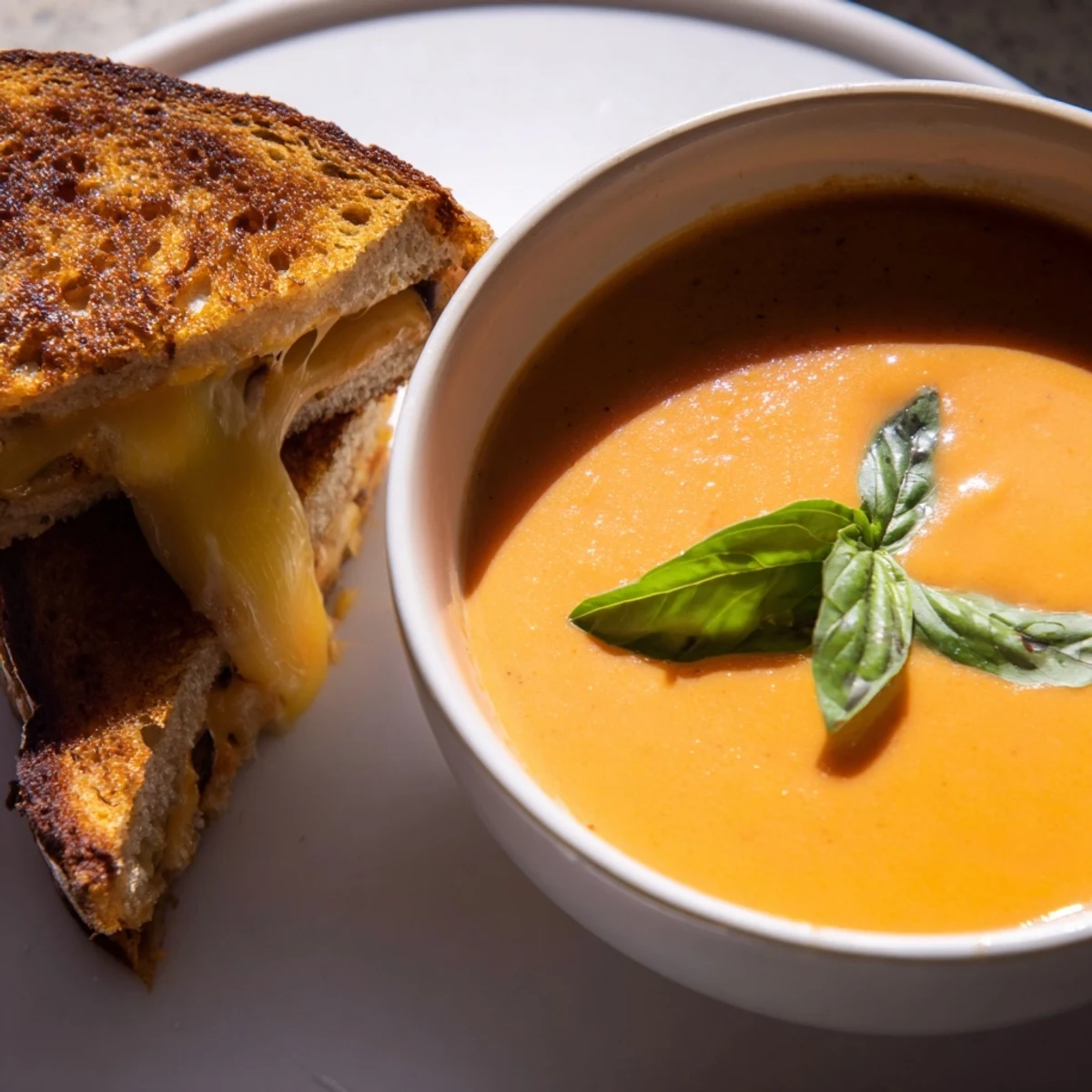 A bowl of Creamy Tomato Basil Bisque topped with fresh basil next to crispy grilled cheese.