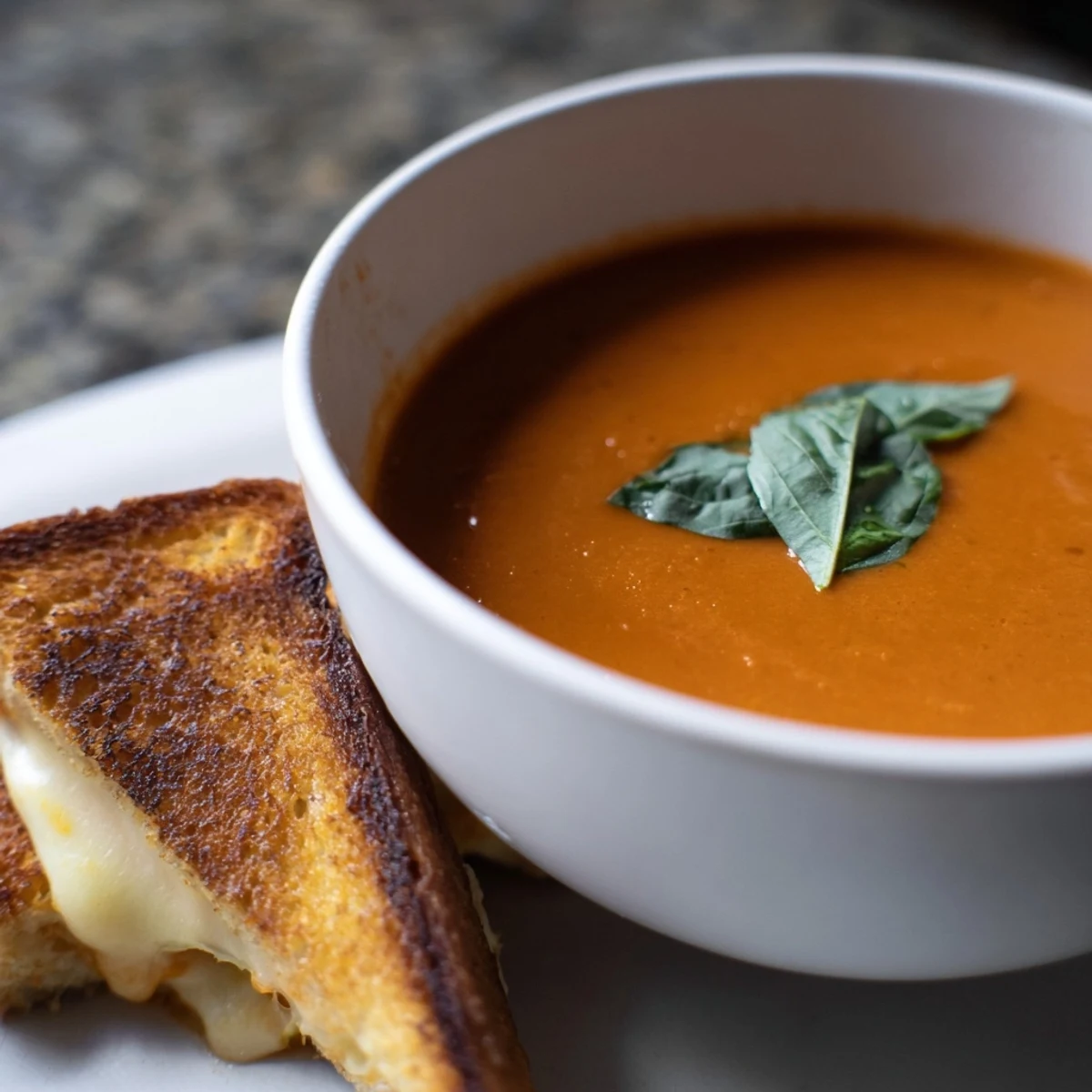 Creamy Tomato Basil Bisque served alongside golden-brown grilled cheese on a rustic plate.
