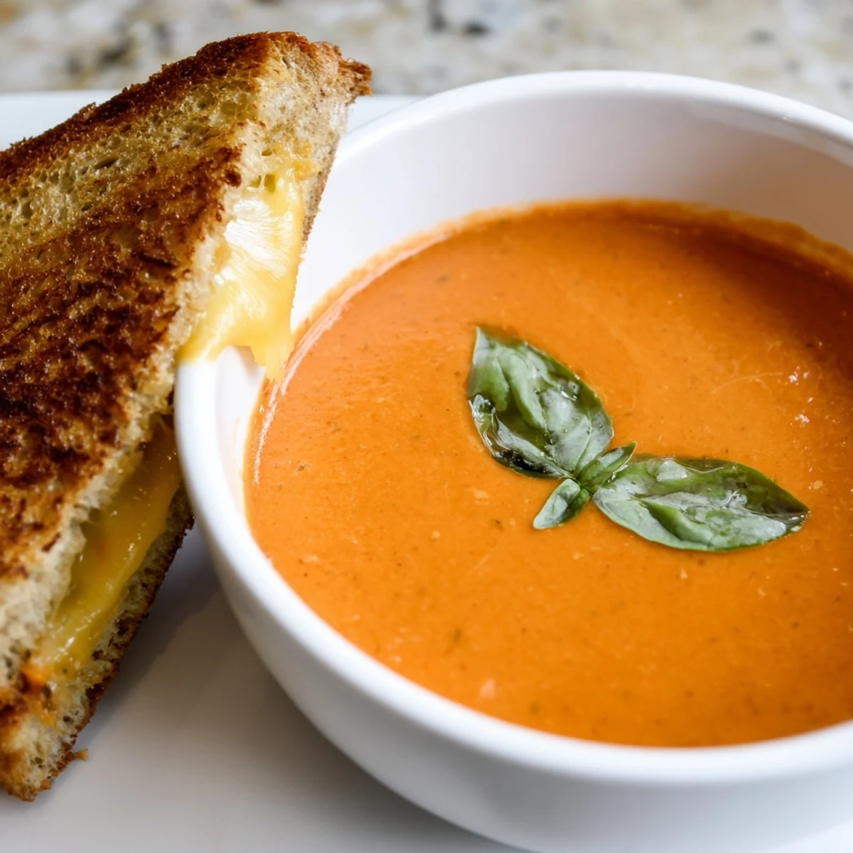 Steaming Creamy Tomato Basil Bisque in a white bowl with grilled cheese dippers for dipping.