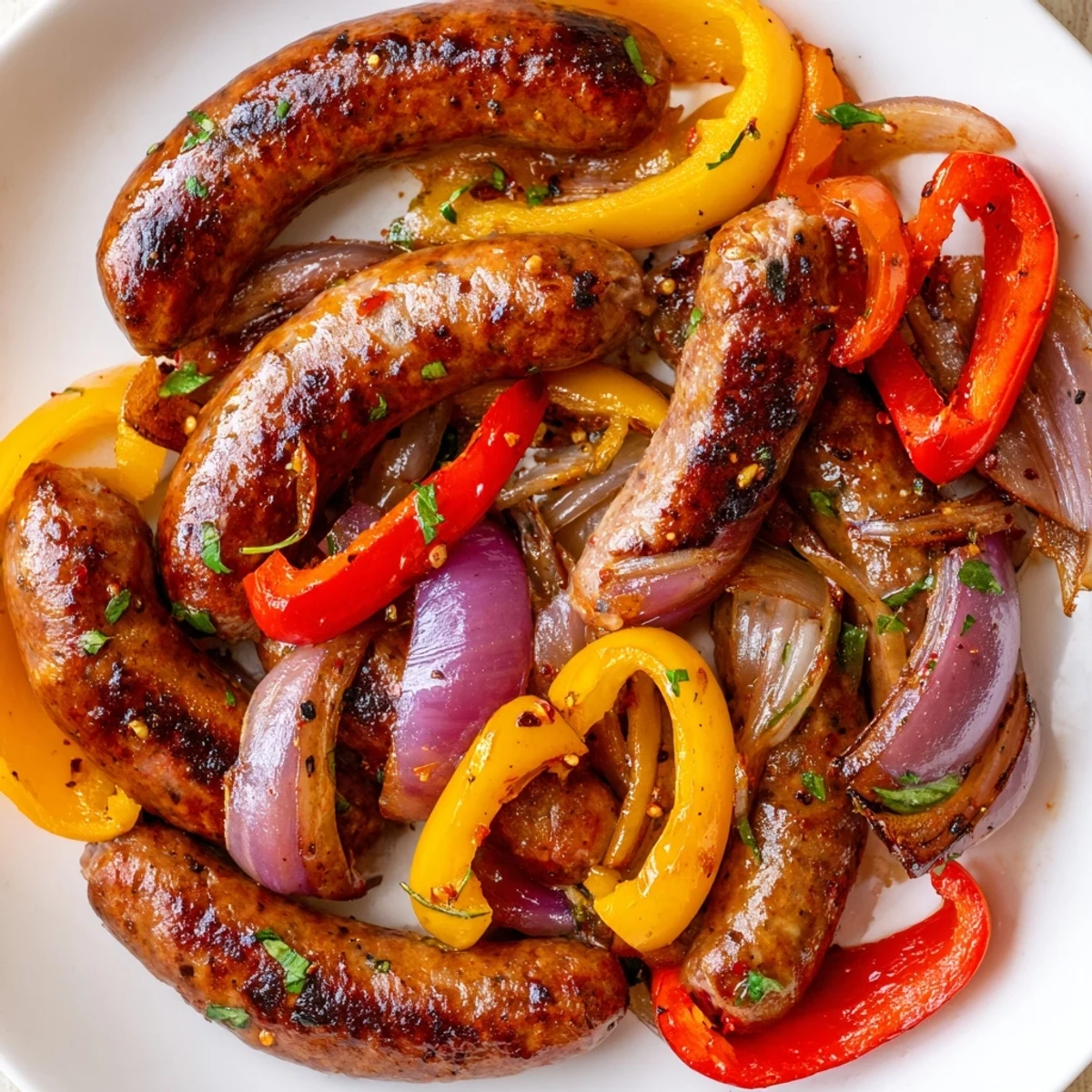 Golden-brown sausages roast alongside vibrant red and yellow peppers and onions in this Sheet Pan Sausage and Peppers with Onions recipe.