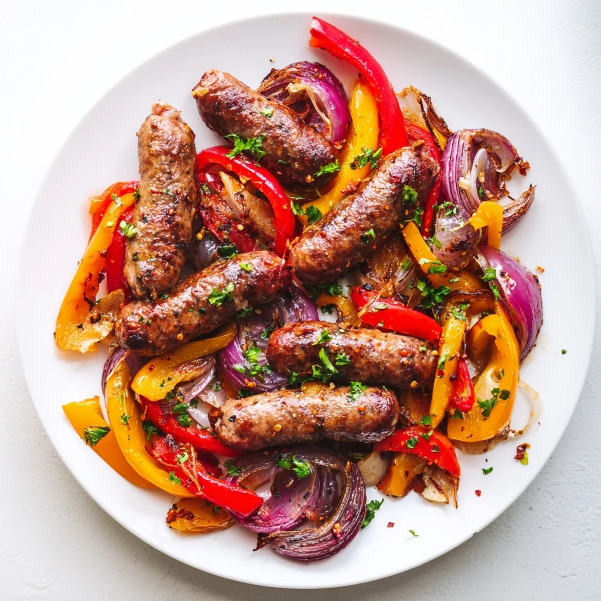 Juicy Italian sausages and caramelized vegetables create a hearty Sheet Pan Sausage and Peppers with Onions meal, perfect for serving over rice.