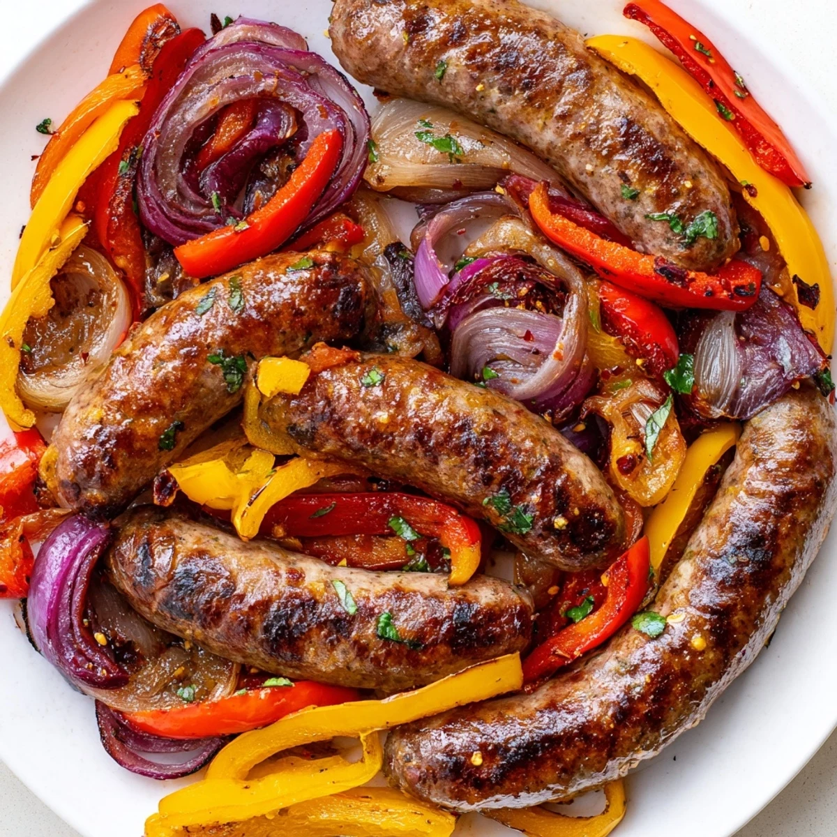 Sizzling Sheet Pan Sausage and Peppers with Onions right out of the oven, featuring blistered peppers and onions, ready to be served with crusty bread.