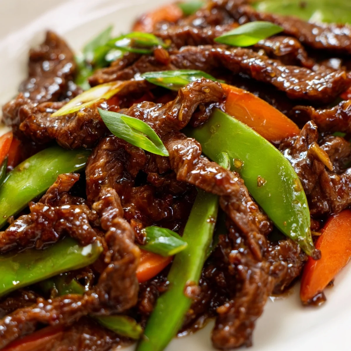 Close-up of marinated beef, sliced carrots, and snap peas tossed in a rich Asian-inspired sauce for this easy Beef Stir Fry with Snow Peas and Carrots.