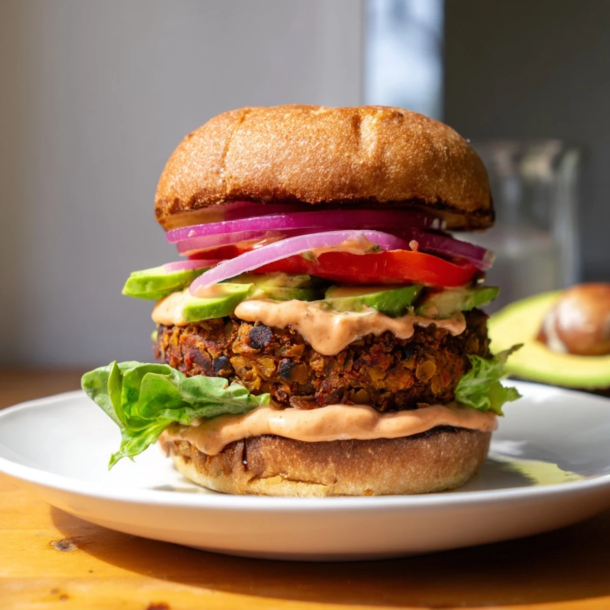 Golden-brown Vegan Black Bean Burger with Chipotle Mayo on a toasted bun, topped with fresh lettuce, tomato, and red onion rings.