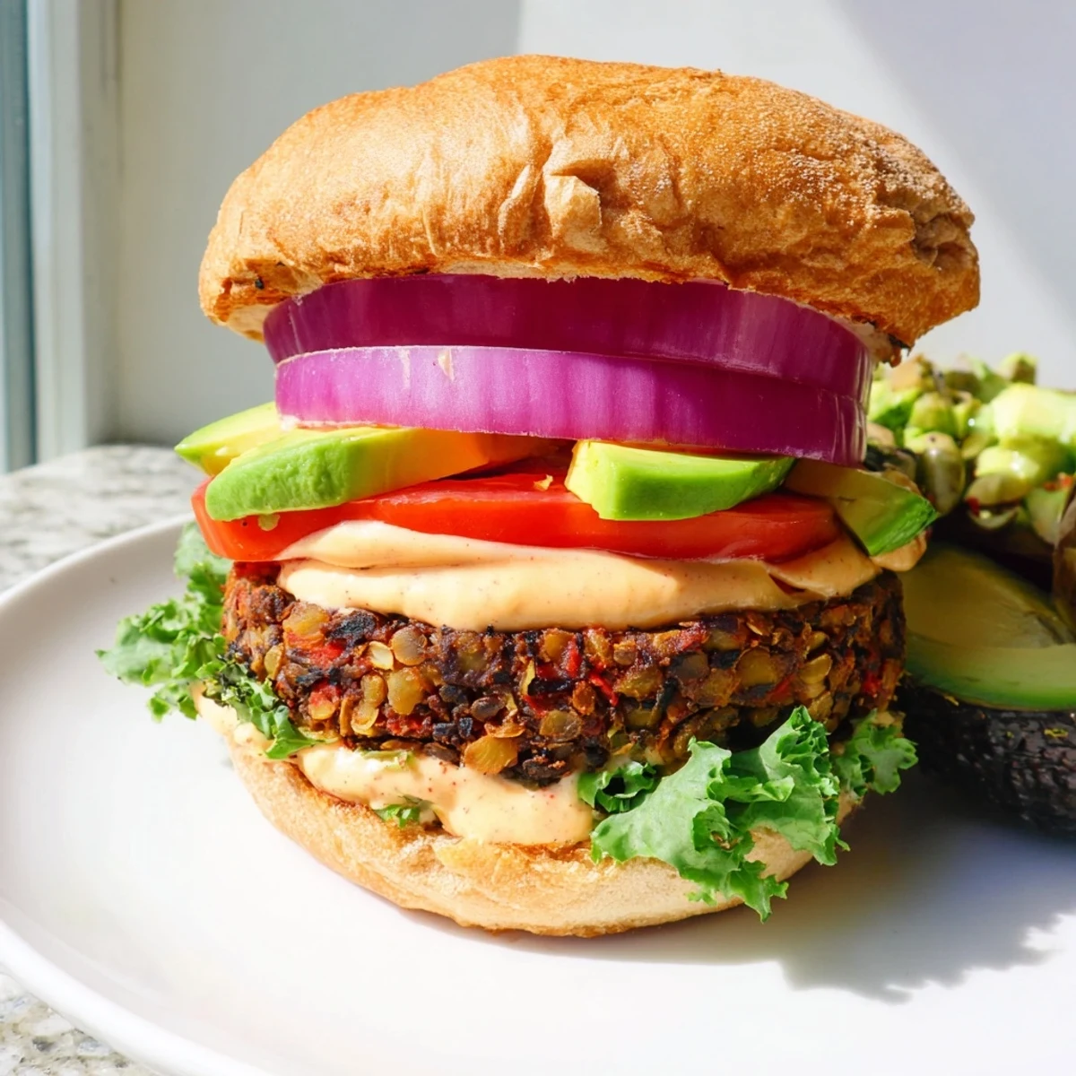 A close-up of a vegan burger showcasing the textured bean patty and a generous drizzle of smoky chipotle mayo.