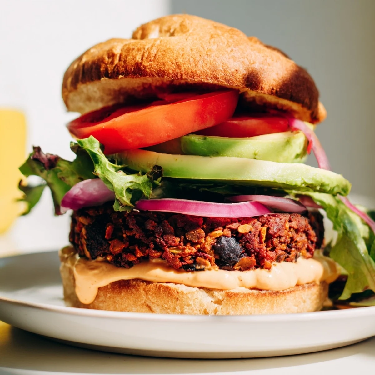 Plated Vegan Black Bean Burger with Chipotle Mayo served alongside crispy sweet potato fries and a wedge of lime.