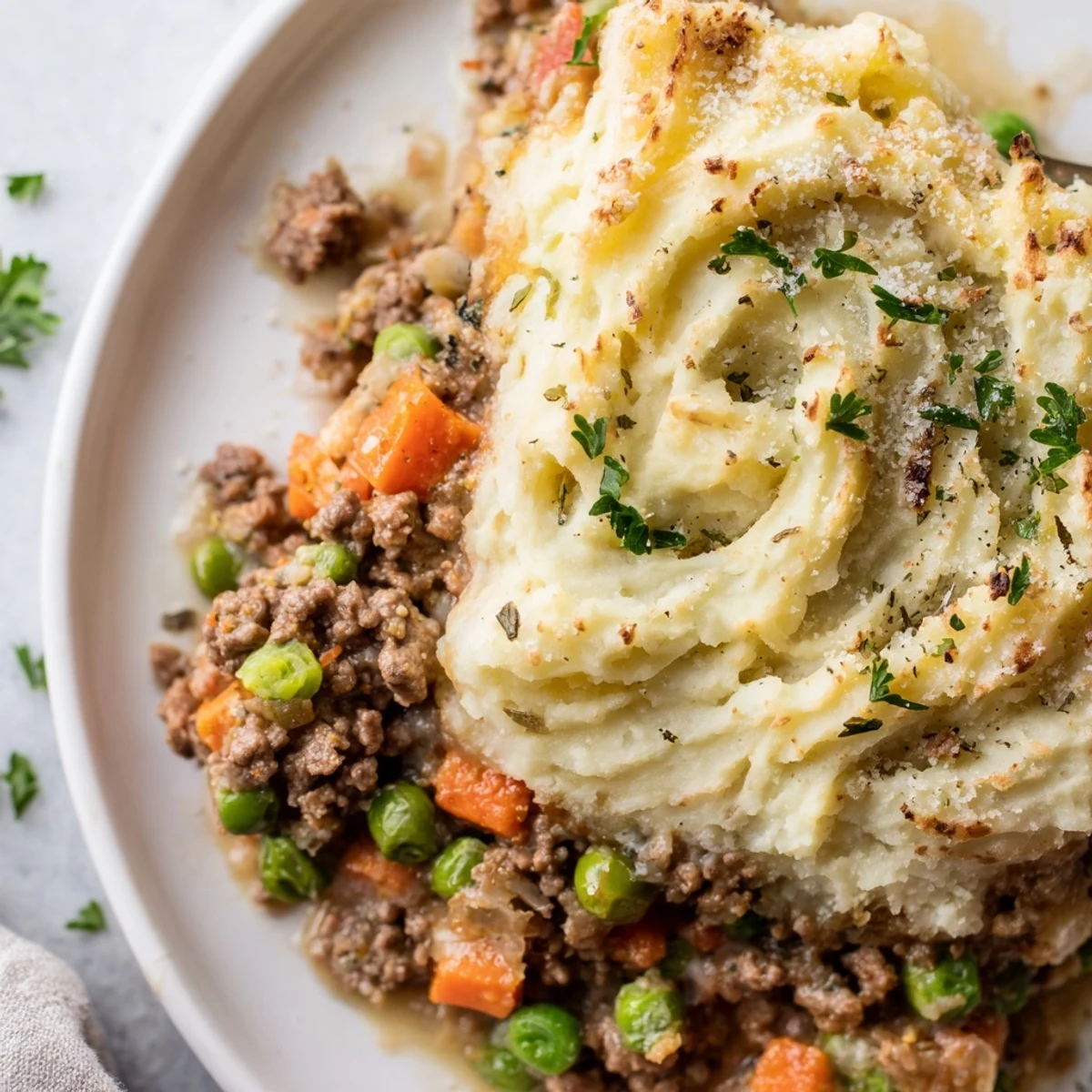 Golden-brown Beef Shepherds Pie with Cauliflower Mash Topping bubbling in a ceramic dish, garnished with fresh parsley.