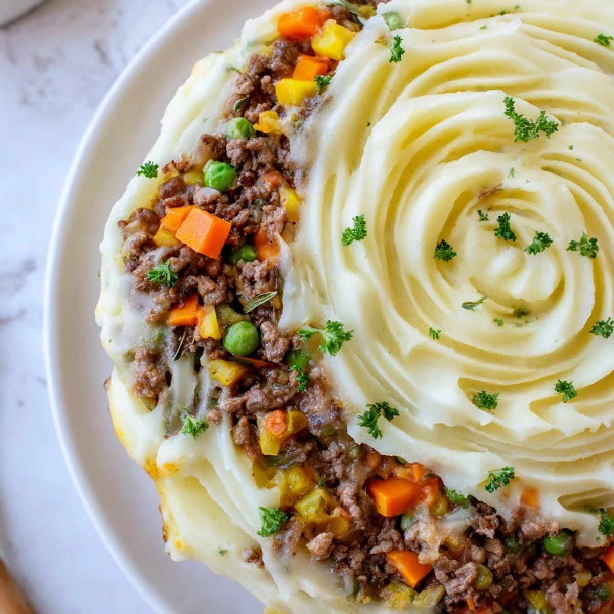 Comforting Beef Shepherds Pie with Cauliflower Mash Topping served with a fresh green salad on a rustic wooden table.