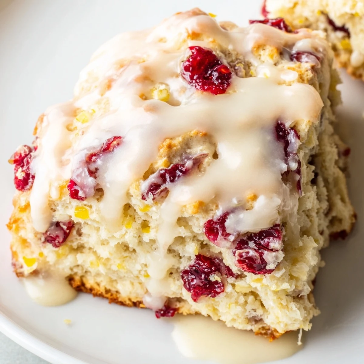 Freshly baked Cranberry Orange Scones with a shiny orange zest glaze, served warm on a rustic wooden board.