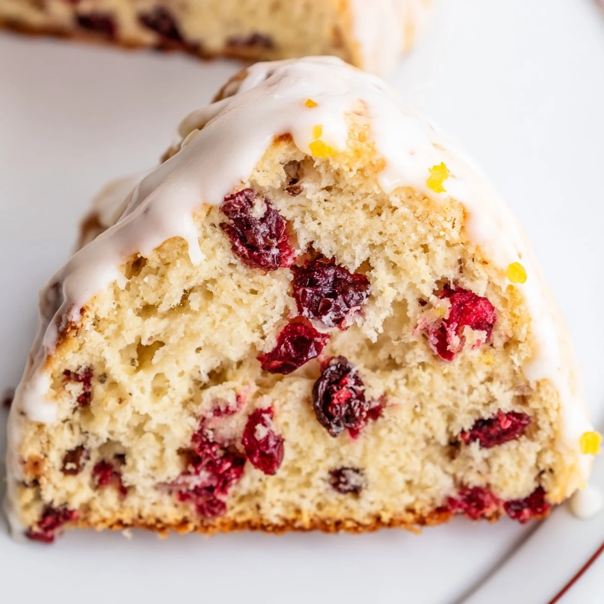 Homemade Cranberry Orange Scones drizzled with sweet glaze, paired with a steaming mug of coffee for breakfast.