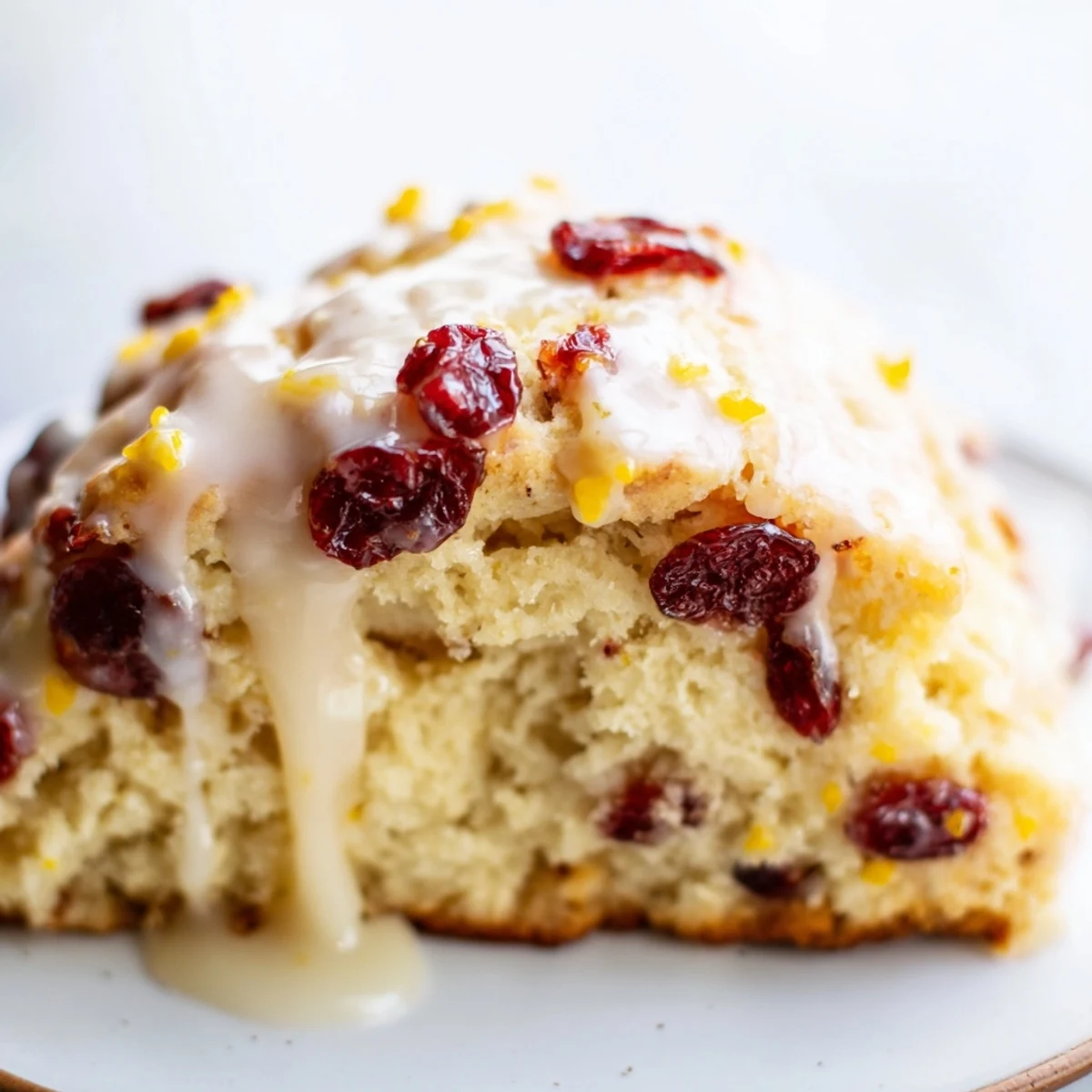 Golden brown Cranberry Orange Scones stacked high, showing a tender crumb and bright red cranberry pieces inside.