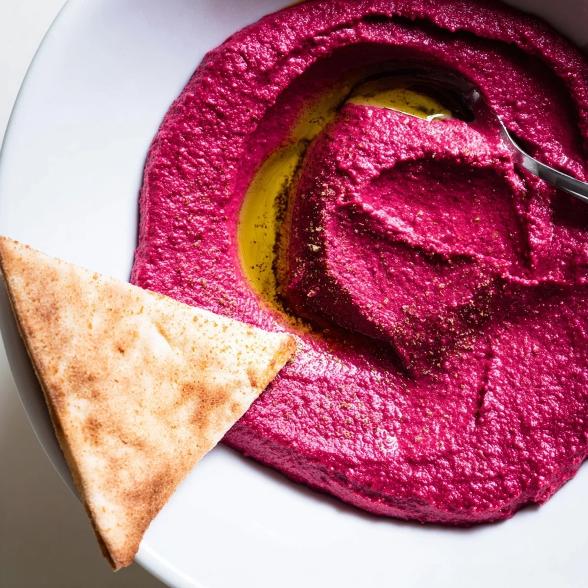 Creamy roasted beet hummus is served in a rustic bowl alongside golden, toasted pita chips and a lemon wedge.