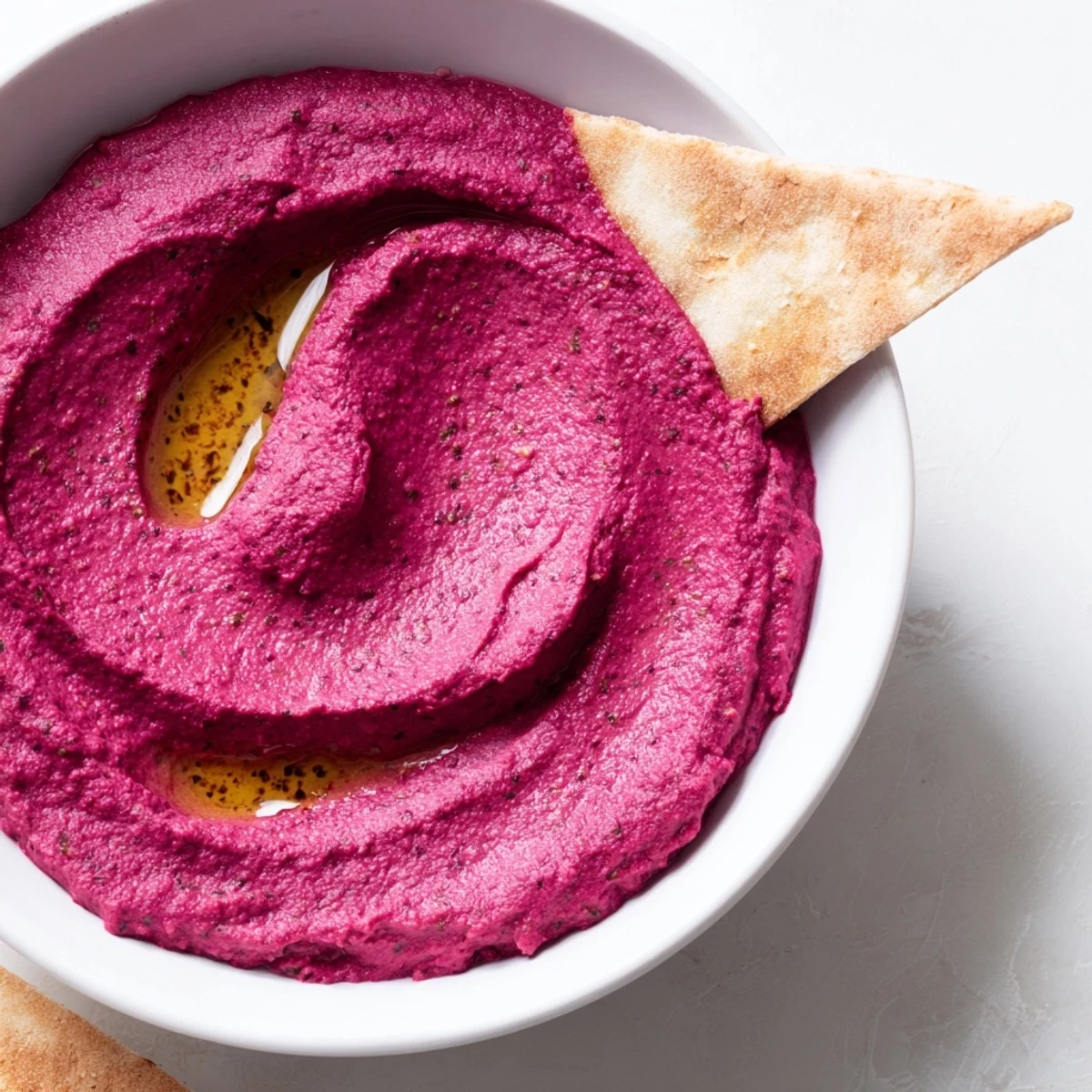 Vivid purple roasted beet hummus garnished with olive oil, paired with crunchy homemade pita chips on a wooden platter.