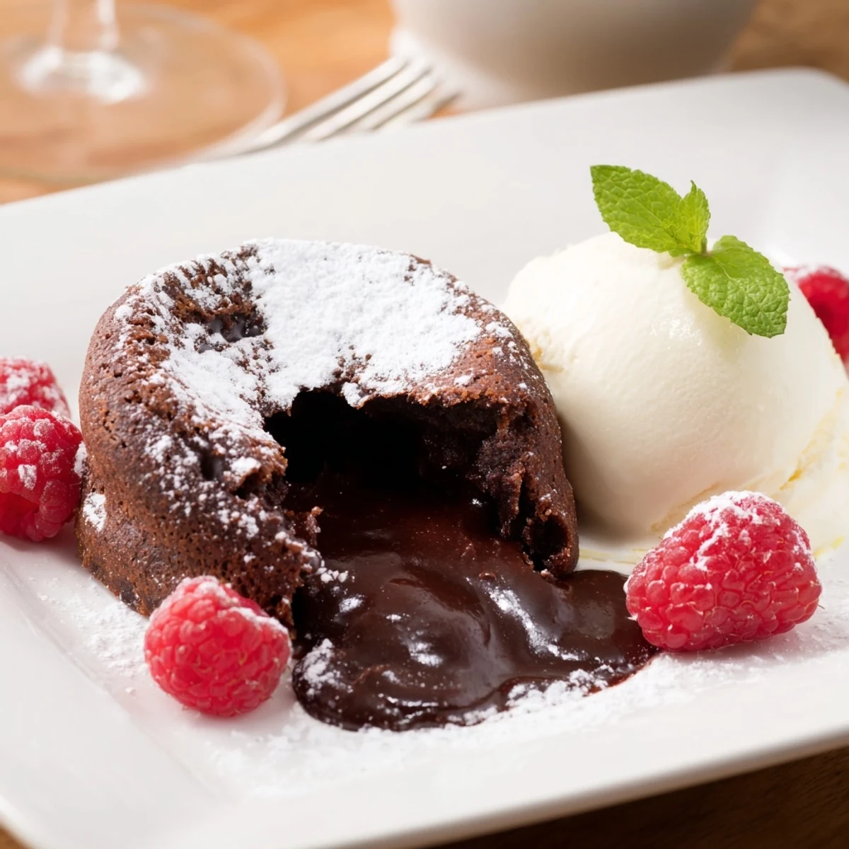 A freshly baked Chocolate Lava Cakes with Vanilla Bean Ice Cream dusted with powdered sugar.