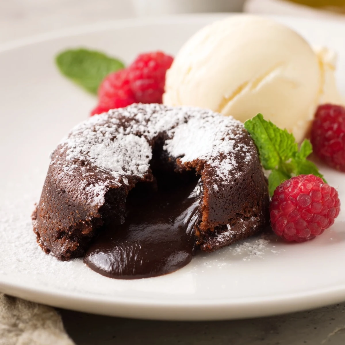 Chocolate Lava Cakes with Vanilla Bean Ice Cream and a mint garnish served warm near ramekins.