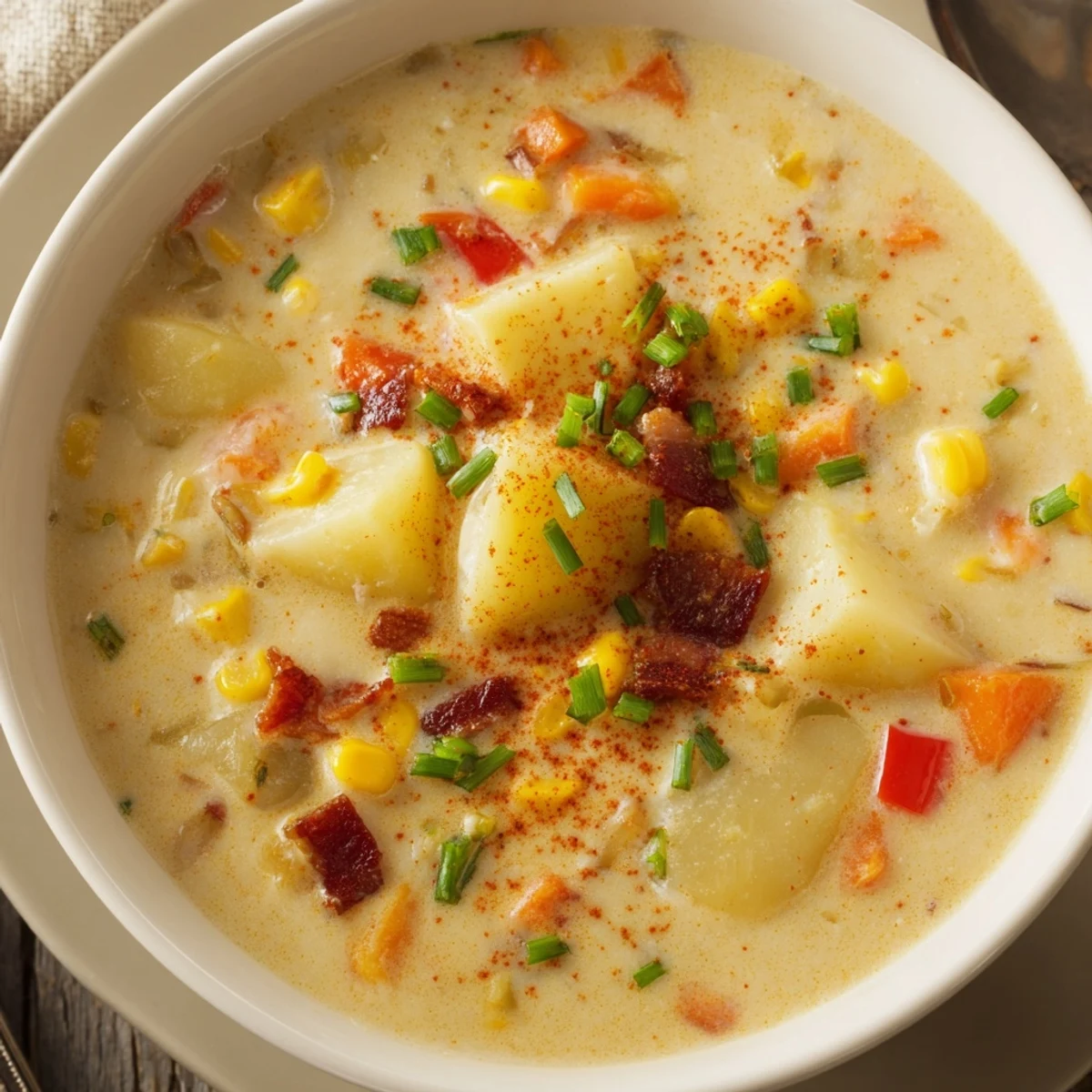Creamy Corn Chowder with Smoked Paprika steaming in a bowl, garnished with fresh chives and a light dusting of paprika.