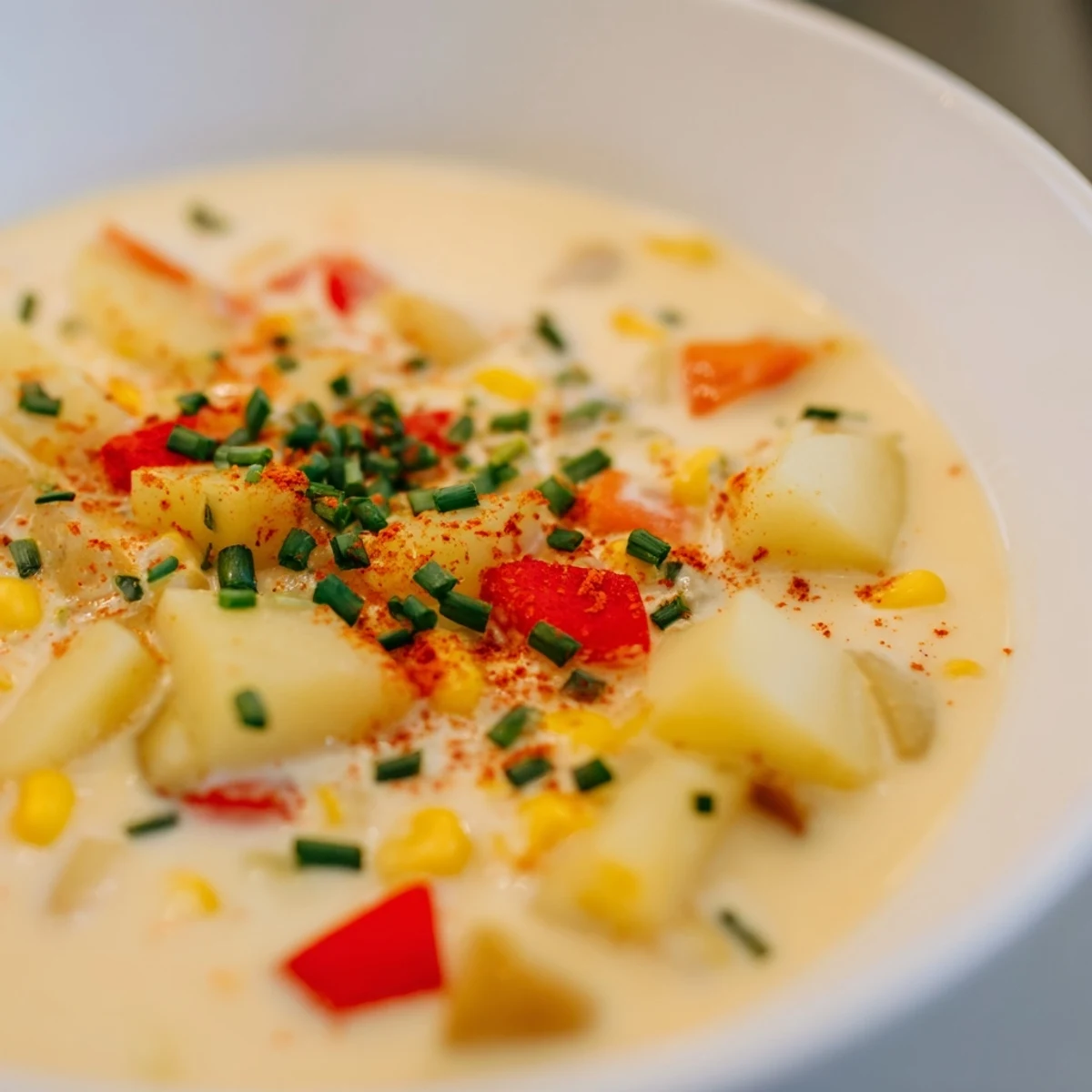 A spoon dips into velvety Creamy Corn Chowder with Smoked Paprika, served with crusty bread for dipping.