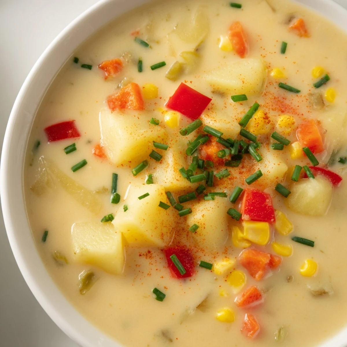Colorful bowl of Creamy Corn Chowder with Smoked Paprika, featuring sweet corn, tender potatoes, and diced red bell pepper.
