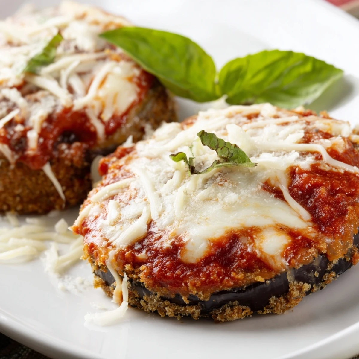Golden Baked Eggplant Parmesan with Basil layered with rich tomato sauce and melted mozzarella, garnished with fresh green basil leaves.