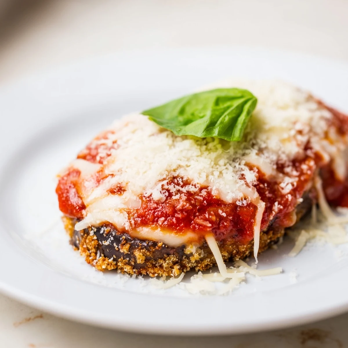 Golden, crispy breaded eggplant slices layered in Baked Eggplant Parmesan with Basil, topped with vibrant fresh basil leaves.
