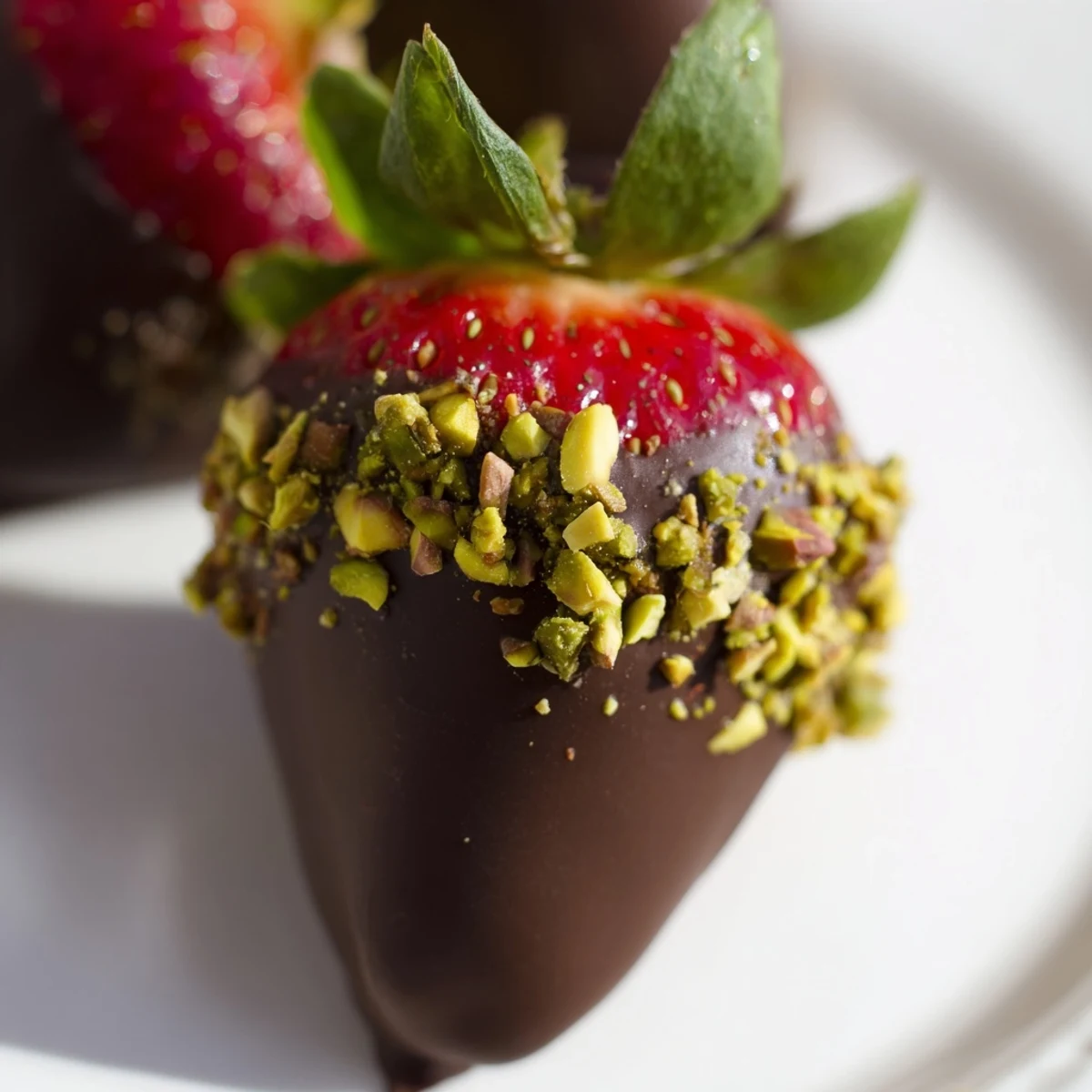 Fresh Chocolate Covered Strawberries with Pistachios dipped in melted dark chocolate, topped with vibrant green chopped pistachios.