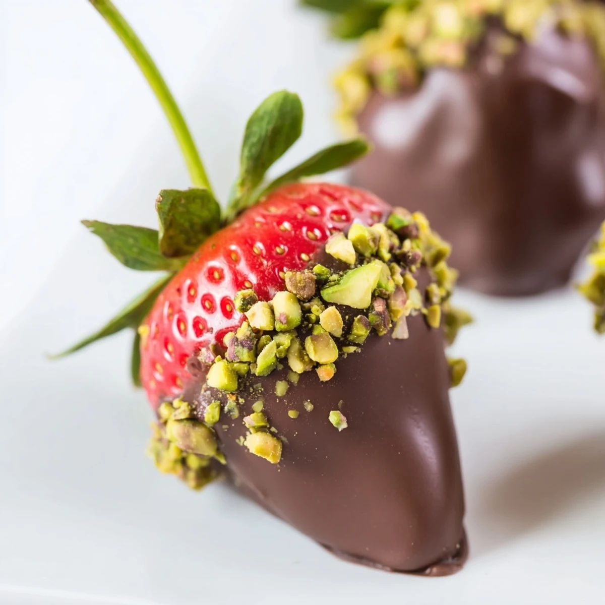 Chocolate Covered Strawberries with Pistachios on a platter, featuring juicy red berries coated in glossy dark chocolate.