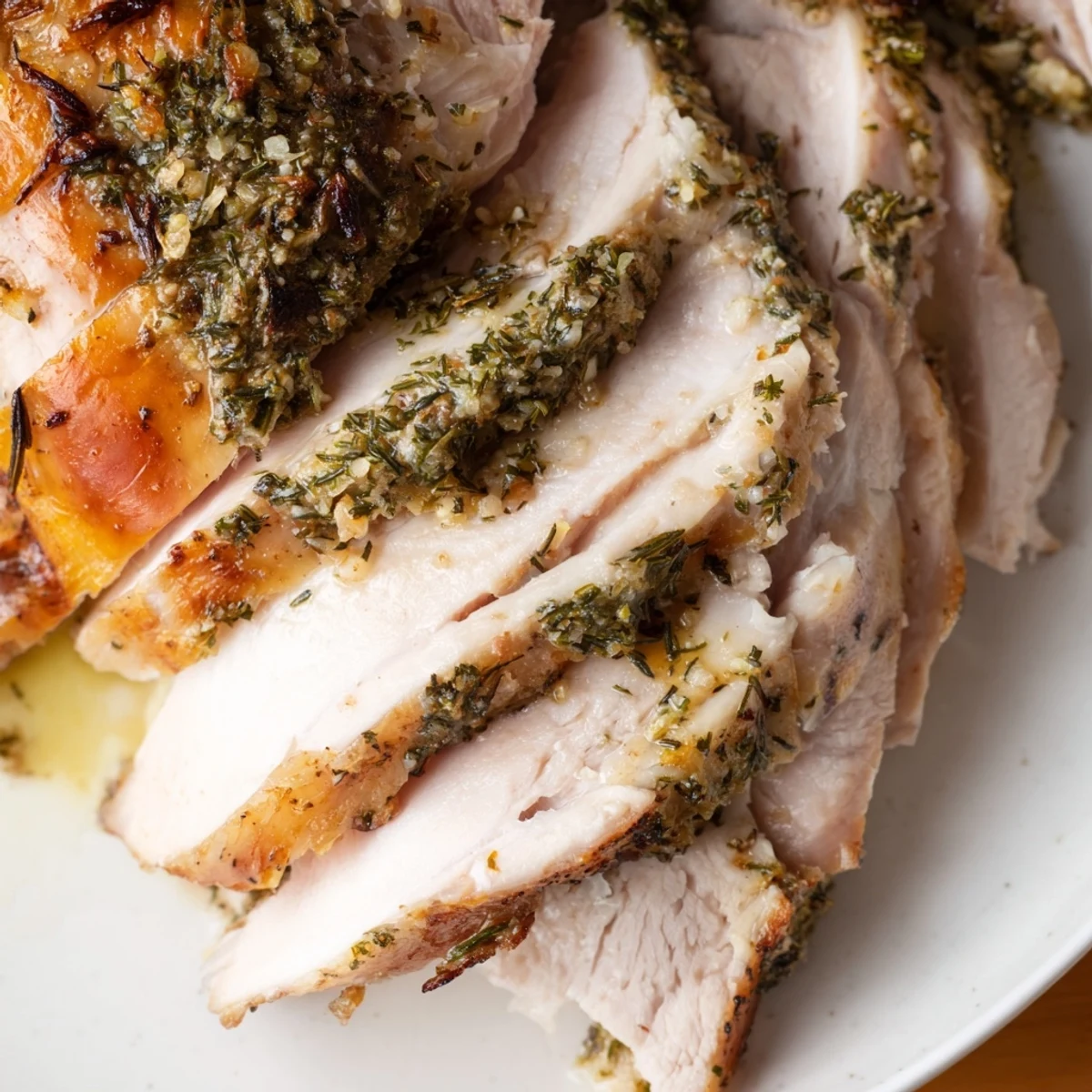 Golden brown Lemon Herb Roasted Turkey Crown resting before carving, garnished with fresh thyme and lemon slices.