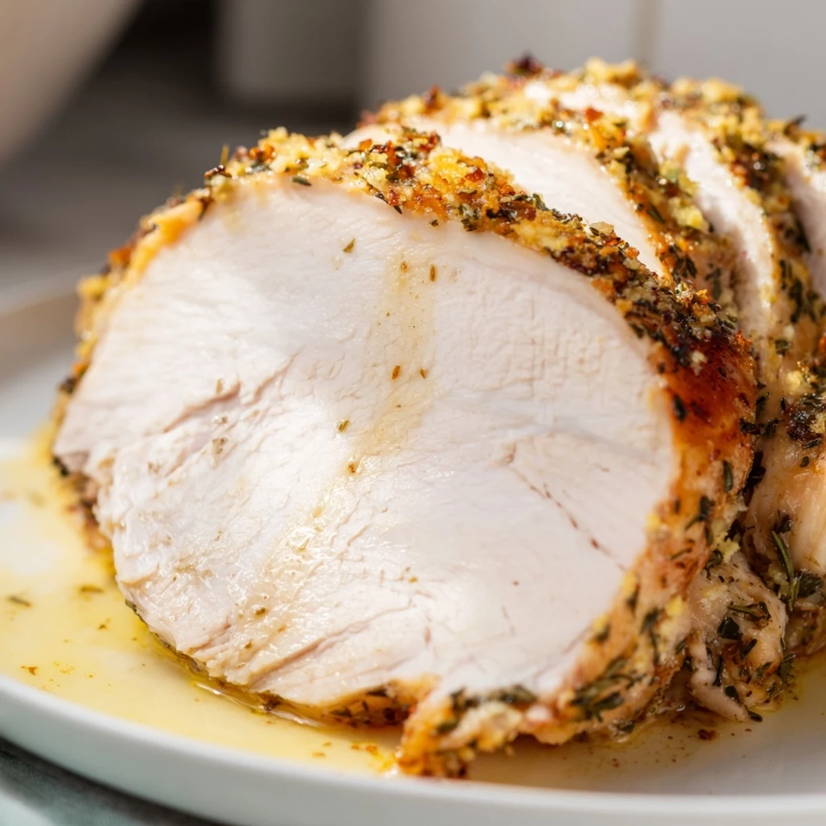 Juicy Lemon Herb Roasted Turkey Crown served on a platter with roasted carrots and celery alongside rich gravy.