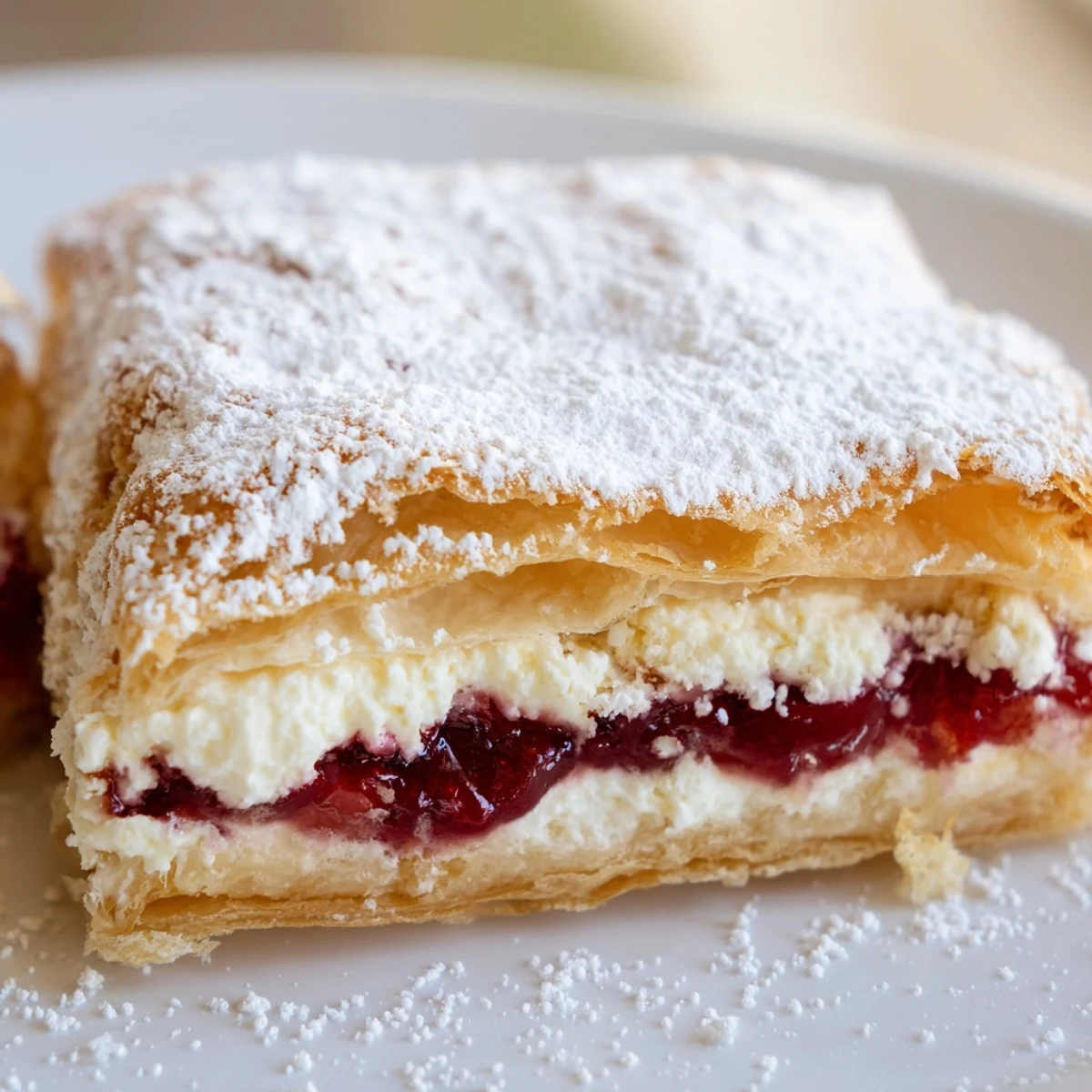 Golden-brown, flaky Cranberry and Cream Cheese Pastries are fresh from the oven on a cooling rack, showcasing melted cranberry filling and a dusting of powdered sugar.