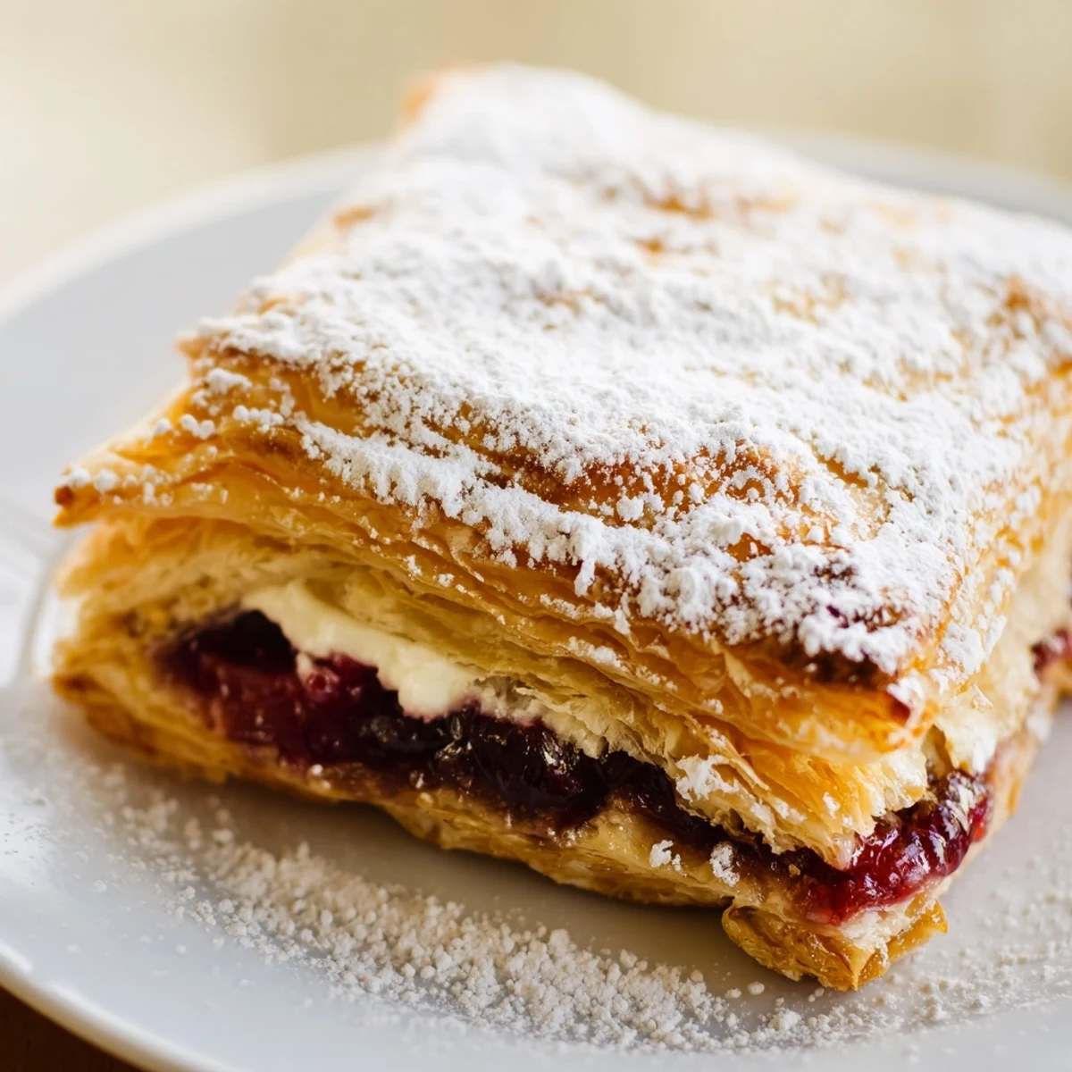 A close-up view of a Cranberry and Cream Cheese Pastry with a flaky crust, revealing a creamy white filling and vibrant red cranberry swirls inside.